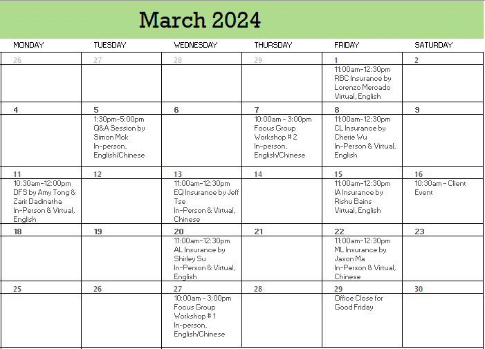 A calendar with a number of days and dates
Description automatically generated
